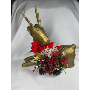 Christmas Gold Paper Mache Kneeling Reindeer BEAUTIFUL Holiday EUC Red Bow Holly